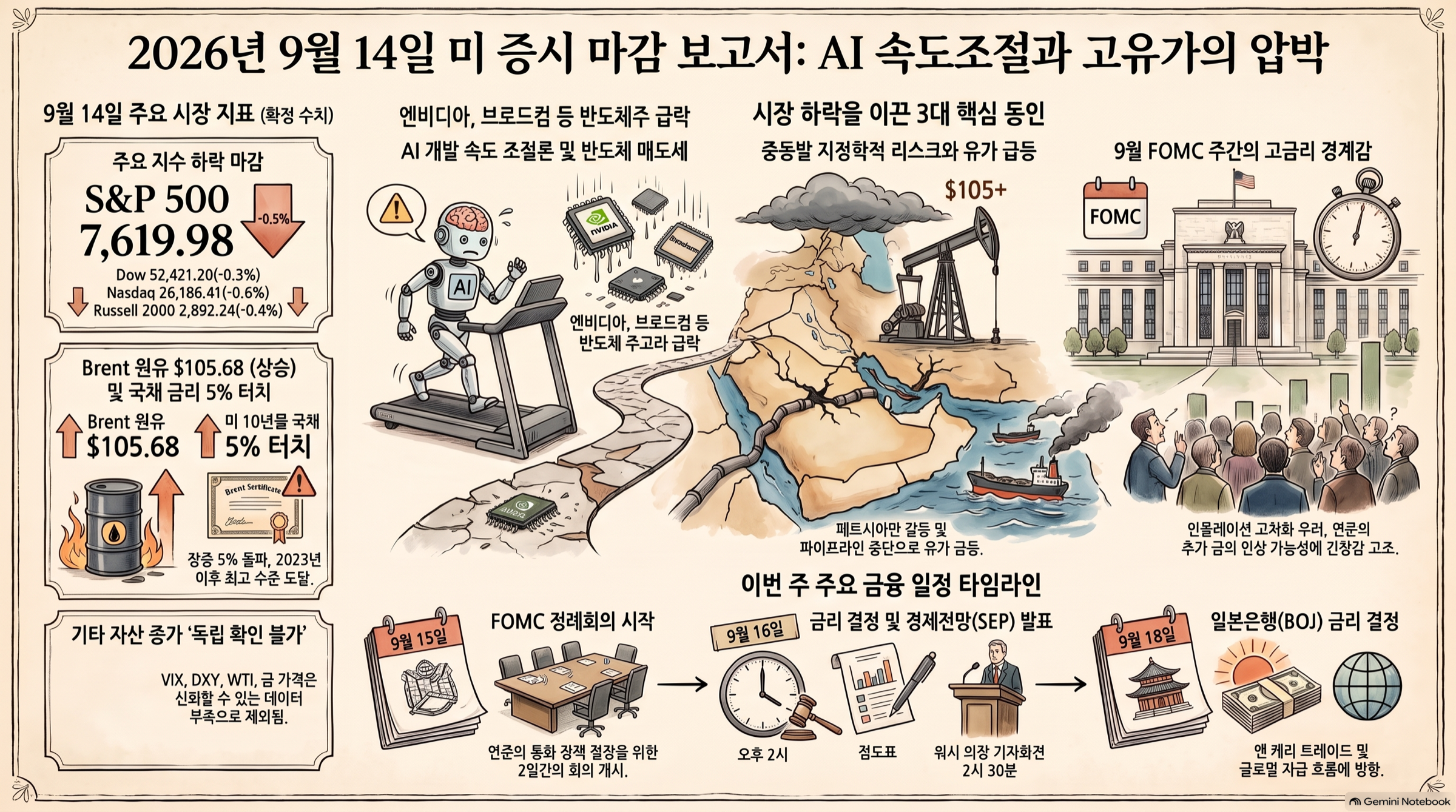 2026년 9월 14일 미국 증시 하락과 AI·유가·FOMC 리스크를 정리한 인포그래픽
