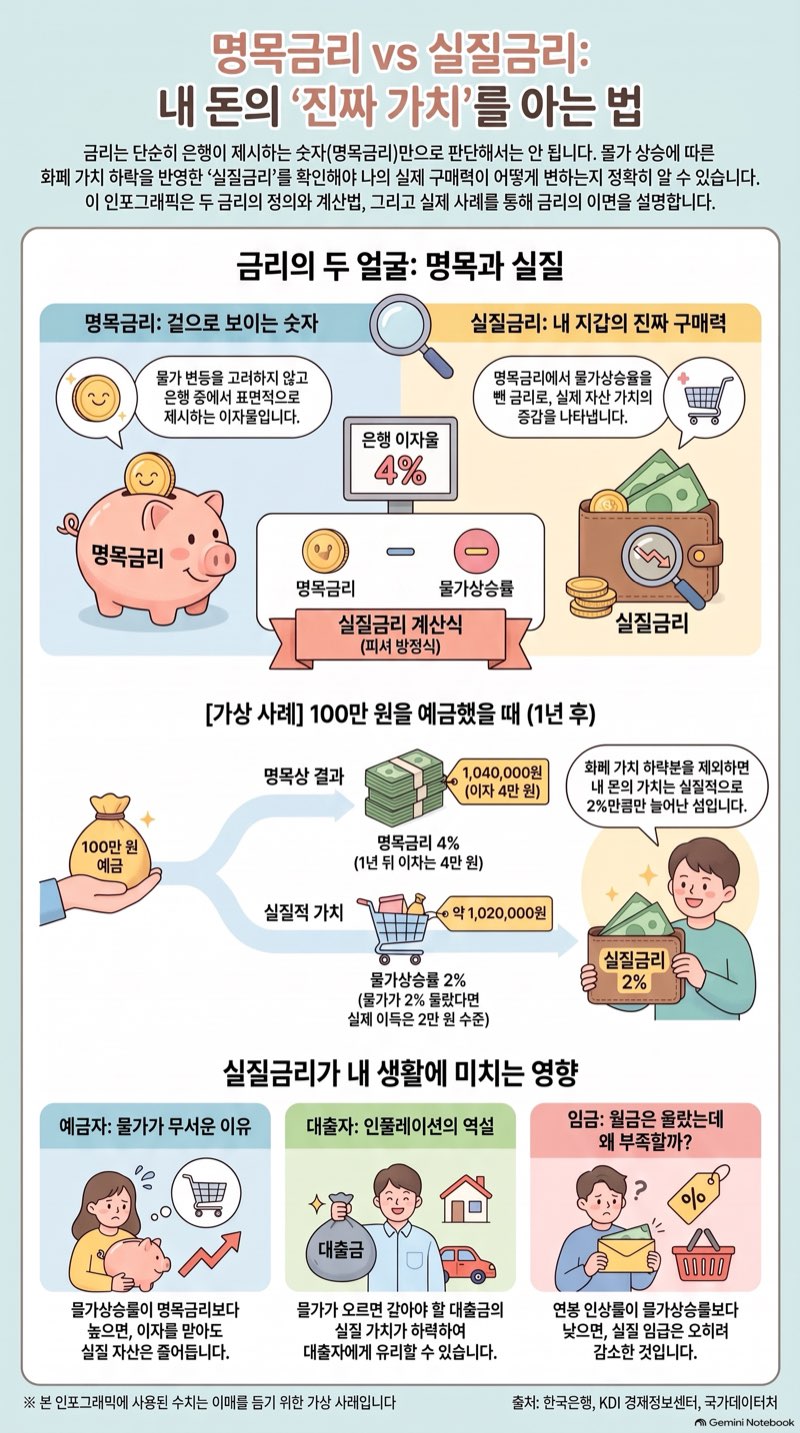 명목금리와 실질금리의 정의와 실질금리 계산을 보여 주는 인포그래픽